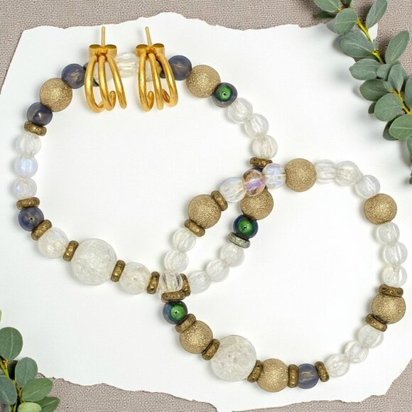 🆕️Handmade Crystal Beaded Bracelet Set & 18K Gold Plated C-Hoop Earrings Summer - Picture 1 of 12